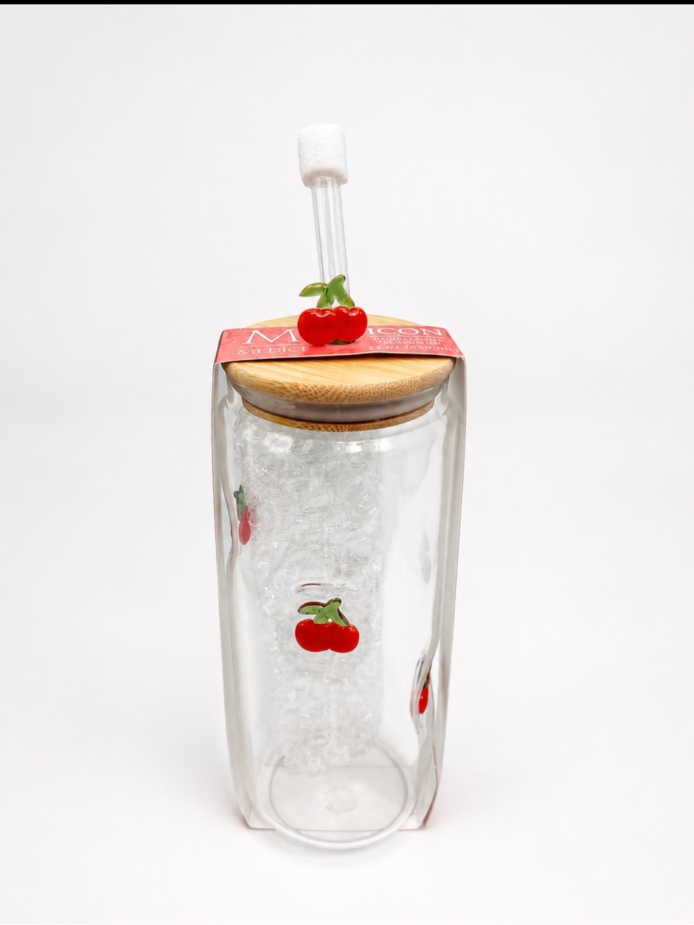 Medici ICON Cherry Glass Tumbler 22 oz Bamboo Lid Glass Straw